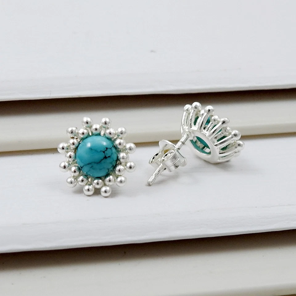 Natürlich Türkis Edelstein 925 Sterlingsilber Minimalist Ohrstecker Schmuck - Bild 2 von 4