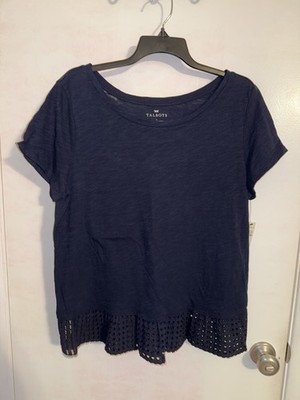 NEW Talbots Shirt Womens Sz Large Navy Ruffle Eyelet Short Sleeve Lightweight