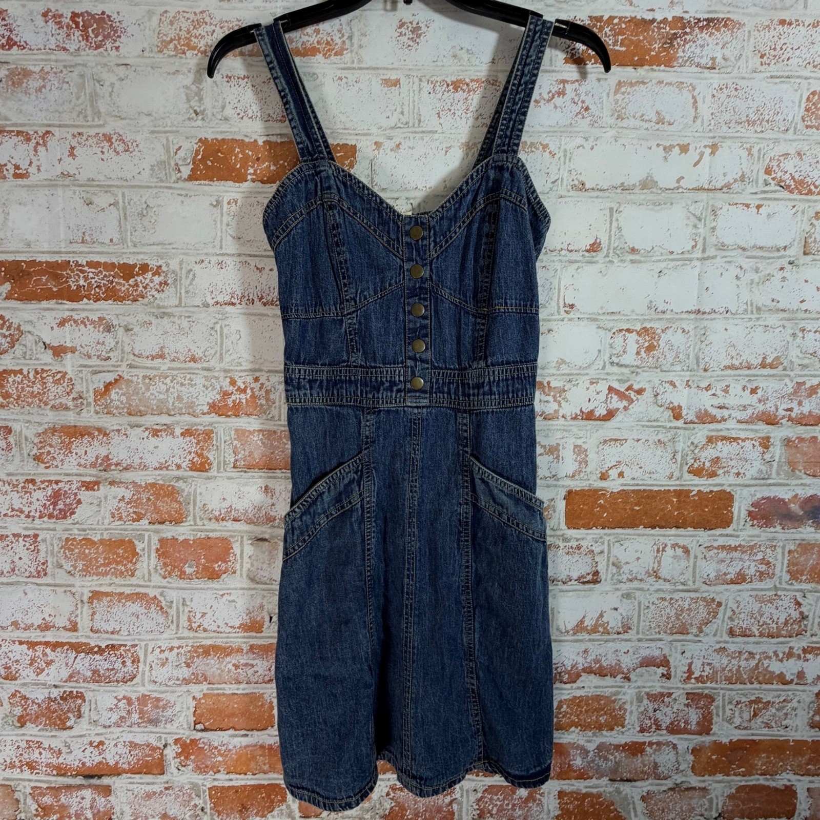 Japna Denim Mini Dress Womens S Blue Excellent Button Front Smocked Back Pocket