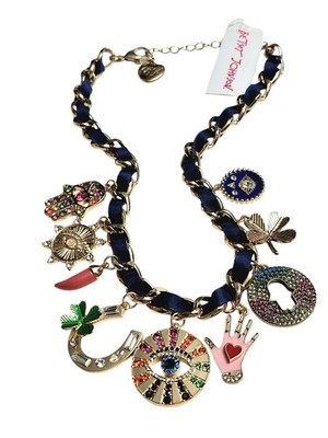Betsey Johnson Protect Ya Neck Good Luck Charm Ribbon Chain Necklace Hamsa Eye