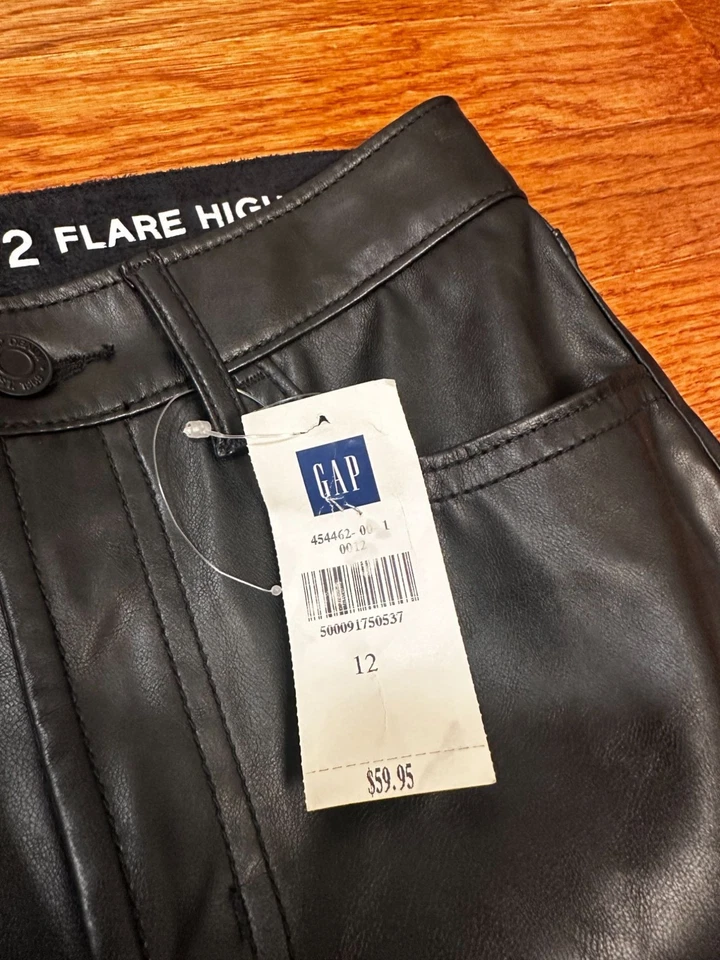 New GAP Kids Girls Flare High Rise Pants Size 12 Black Faux Leather Wide-Leg - Image 3 of 4