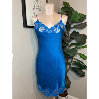 Vintage 90s 100% Silk Lace Trim Chemise Nordstrom Lingerie Slip Dress Blue