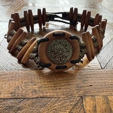 VTG Wood Metal Belt Women s Boho Tribal Statement Beaded Handmade 36 L x 2 W