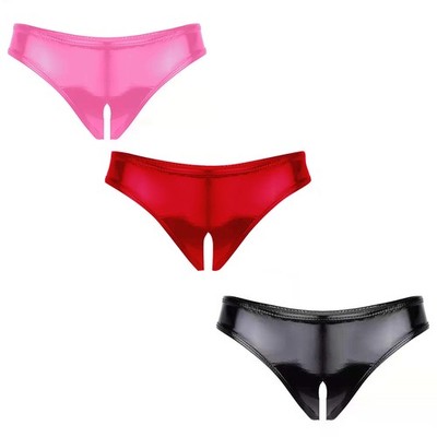 Women's Crotchless Panties Latex Underwear PVC Leather Lingerie Low Waist Briefs