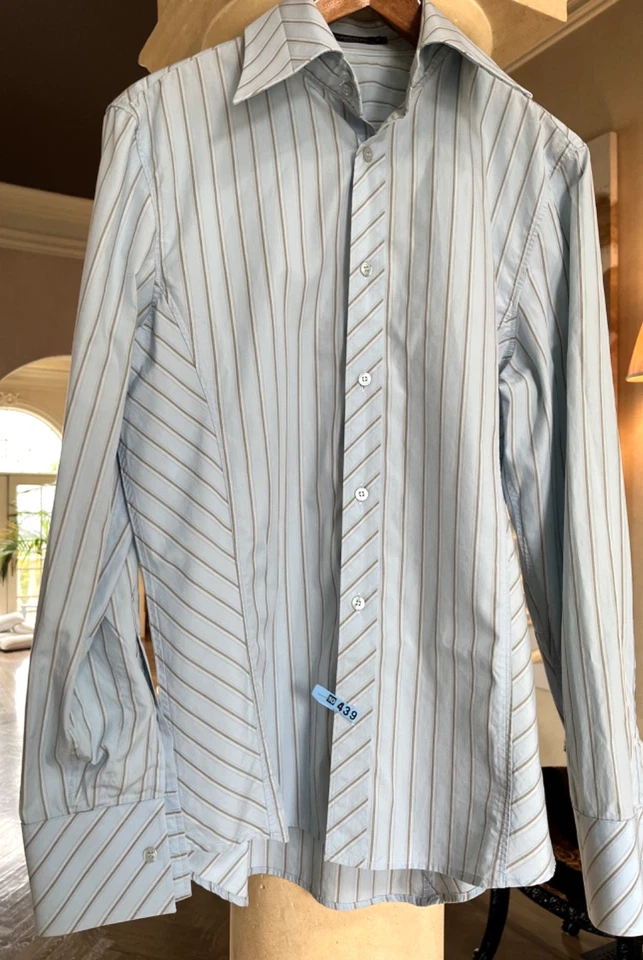 Camisa de vestir J Lindeberg azul a rayas calce ajustado abotonada para hombre, cuello años 70, pequeña Foto 2 de 4