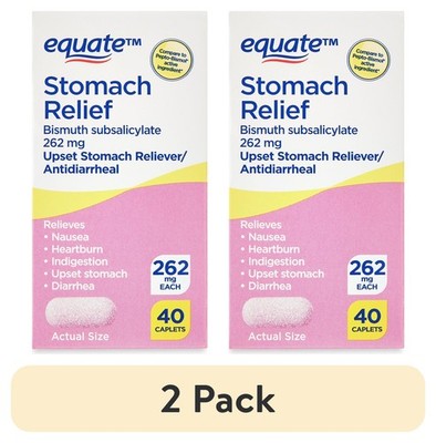 (2 pack) Equate Bismuth Caplets for Upset Stomach and Diarrhea Relief, 262mg, 40