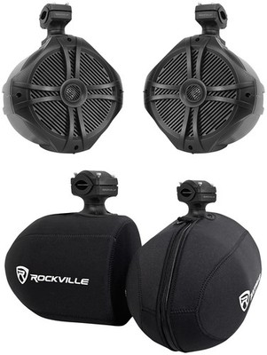 2 Rockville RWB90B Black 8'' 360° Swivel Marine Wakeboard Tower Speakers+Covers