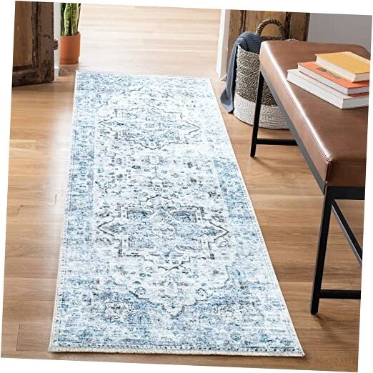 Caria 10 ft Washable Non-Slip Traditional Runner Rug in Ivory Blue Gray