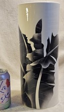 Vtg Asian Umbrella Cane Stand Vase Signed Airbrush Leaf B&W Handmade Pottery