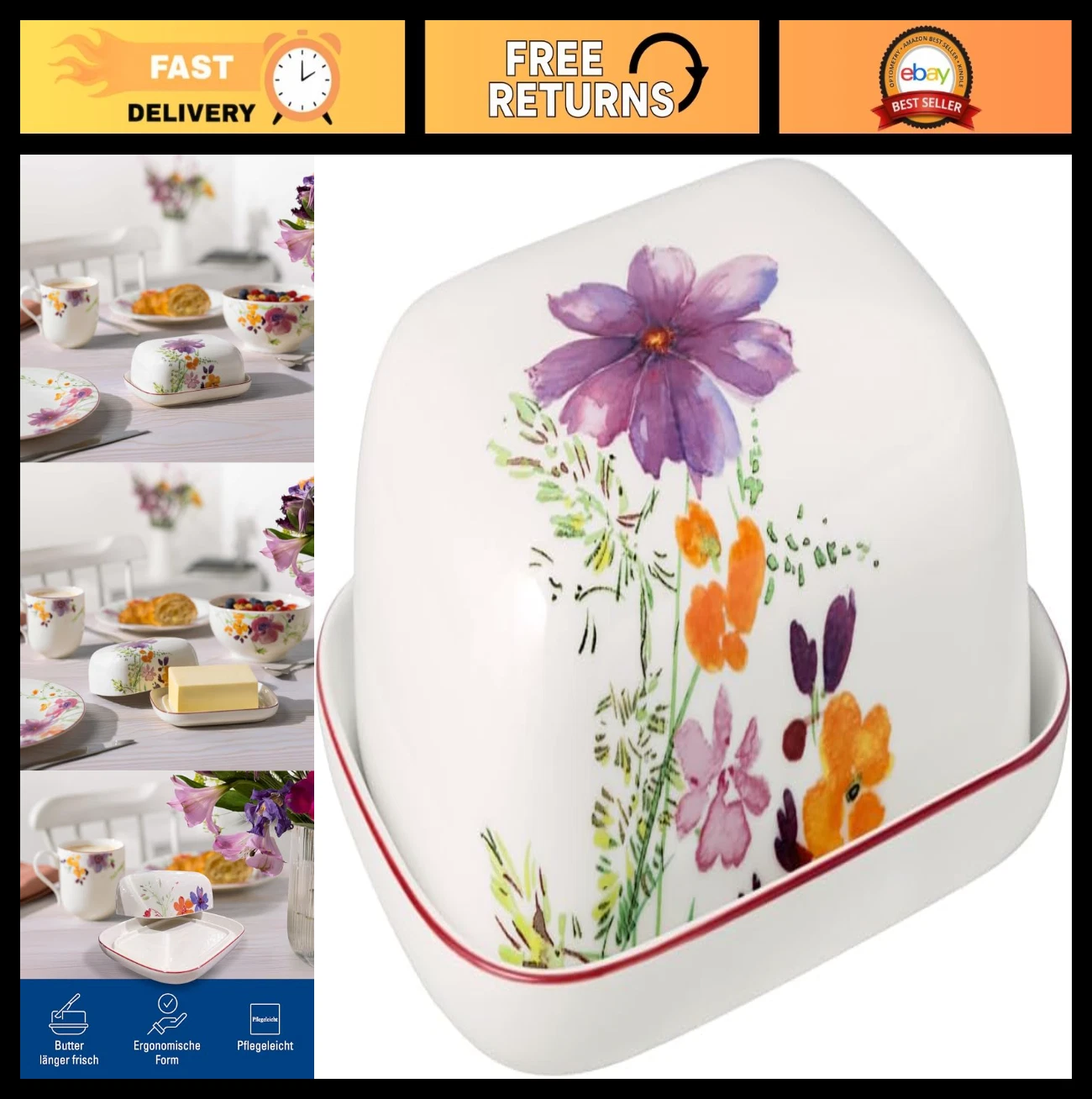 Colorful Floral Butter Dish with Lid, Premium Porcelain, Dishwasher & Microwave