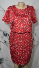 FAIR LADY Red Gray Patterned Faux Two Piece Dress 10P Short Sleeves Cotton Blend