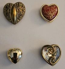 Lot of 4 HEART SHAPED Button Covers - Vintage Assorted- Gold, Red, ++