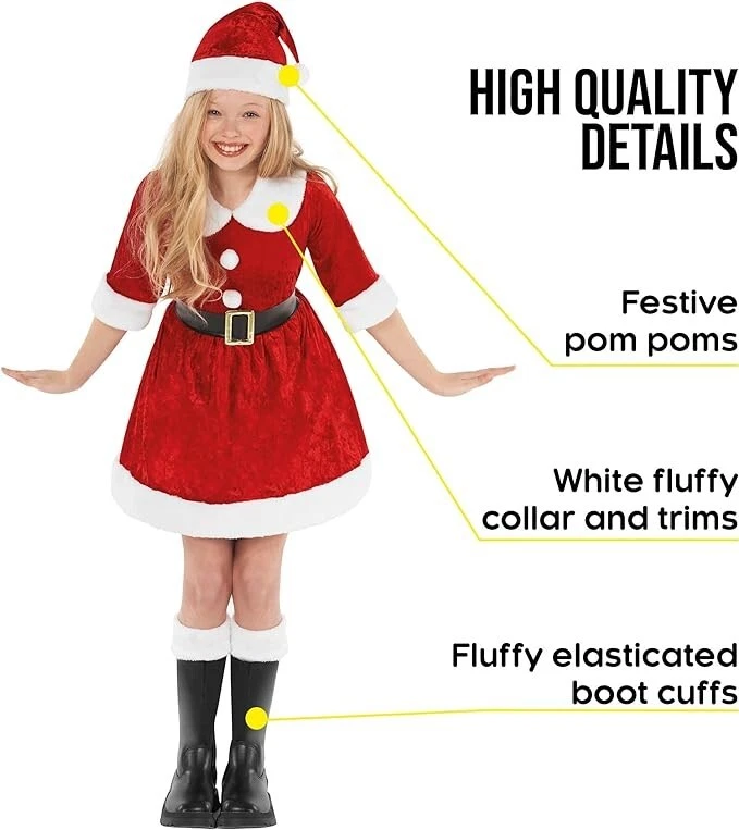 Kids Miss Santa Costume + Hat Girls Mrs Claus Christmas Dress Xmas Party Outfit - Image 4 of 4