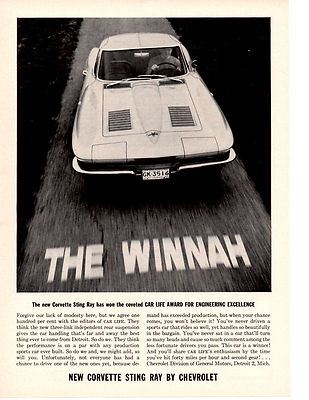 1963 CHEVROLET CORVETTE  STING RAY / CAR LIFE AWARD ~ ORIGINAL PRINT AD