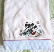 Disney Mickey  Minnie Mouse Pink Fleece Gray Cotton Baby Girl Blanket w Flowers