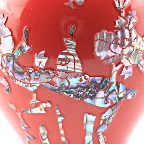 Vintage Asian Brass Red Enamel Mother of Pearl Inlay Small Vase - Picture 3 of 5