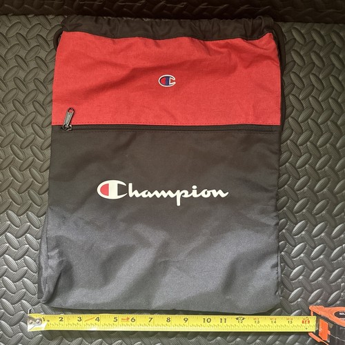 Unisex Champion Manuscript Carrysack Drawcord Closure Two Zip Pockets Black Red - Picture 2 of 4