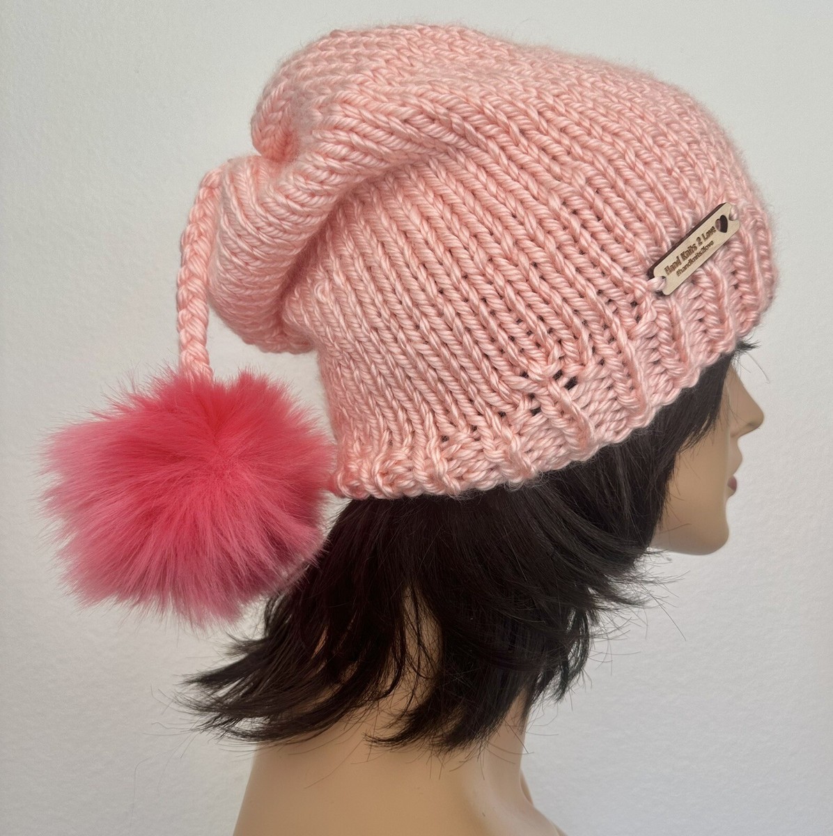 Hand Knits Love Beanie Hat Cap Slouch Faux Fur Pom Pom Pink