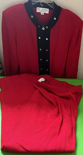 ST JOHN COLLECTION Marie Gray RED JACKET SZ 12 PANTS 10 2PC SUIT BUTTONS Design - Picture 11 of 13