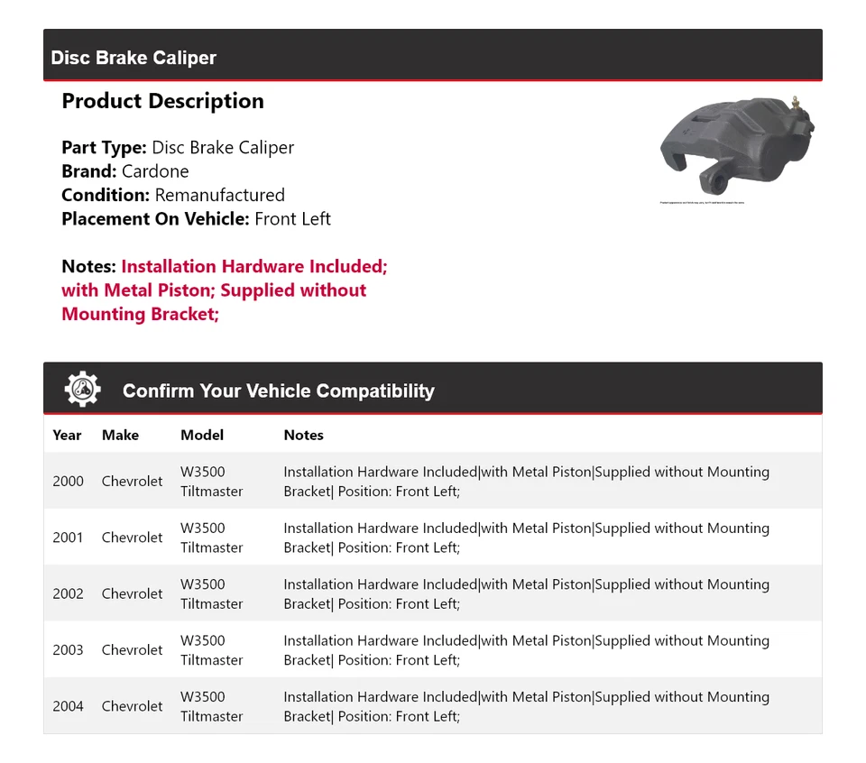 Pinça de freio a disco dianteira esquerda Cardone para 2000-2004 Chevrolet W3500 Tiltmaster - Imagem 2 de 4