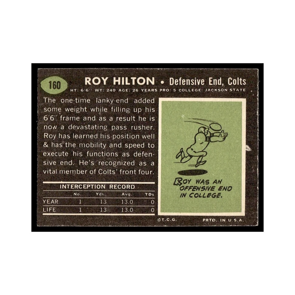 Roy Hilton Rookie 1969 Topps #160 Baltimore Colts Football Card EX - Image 2 of 3