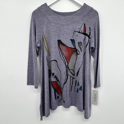 Jess & Jane Tunic Shirt Medium Artsy Stretch Slinky Statement Indie Whimsy NWT