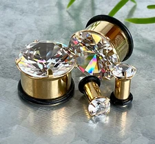 PAIR Gold PVD Steel Single Flare Tunnels Prong Set CZ Gem Plugs Gauges - 12mm