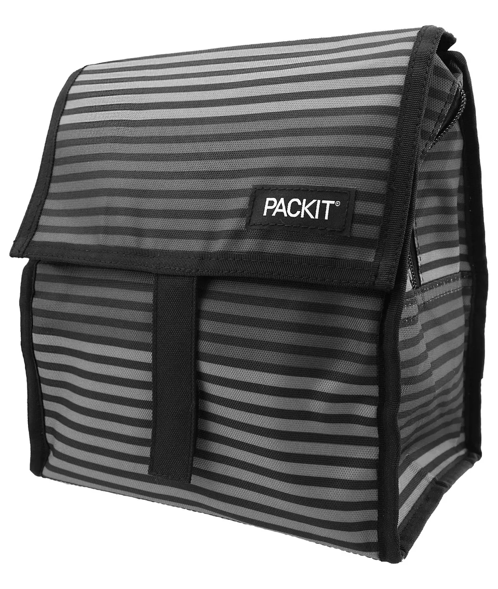 PackIt Freezable Lunch Bag with Zip Closure, Gray Stripe