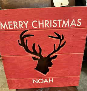 Pottery Barn wood cutout Reindeer MERRY CHRISTMAS  wall decor mono Noah 20" sq