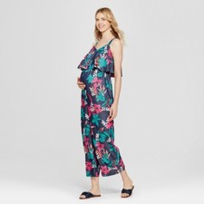 Isabel Maternity by Ingrid Navy Floral Flounce Bodice Sleeveless Jumpsuit, XXL