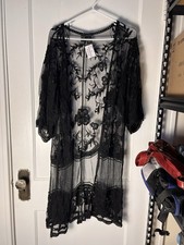 Y2k Whimsigoth Goth Witch Cardigan Womens Large Black Lace Duster Sheer Open