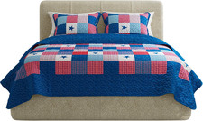 3-Piece Caroline Patriotic Quilt Set - Americana Stars and Plaid Patchwork Beddi