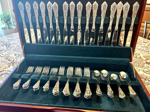 Wallace Sterling Silver Flatware Set with Serving Pieces in Wooden Case