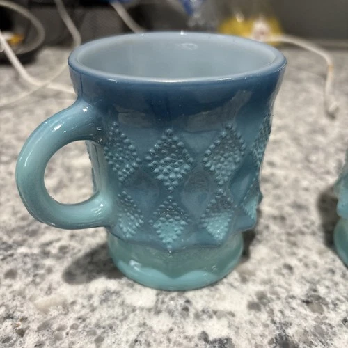 2 Vintage Anchor Hocking Fire King Blue Coffee Cup Mug Kimberly Diamond Pattern