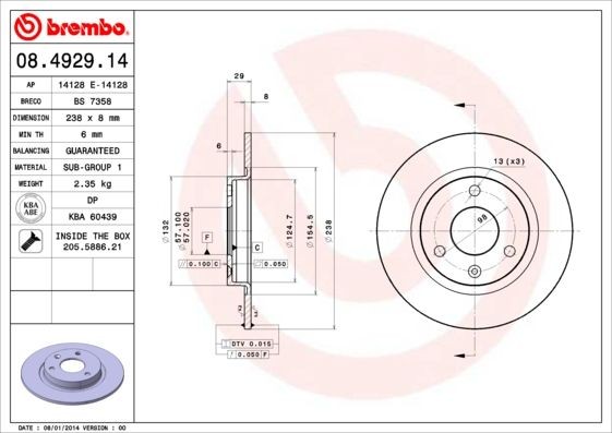 Disque de frein Brembo 08.4929.14 pour Peugeot et Citroën - Pack de 2