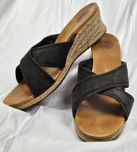 Espadrillas UGG donna taglia 10 Gwyn pelle nera incrociata cinturino juta zeppa tacco