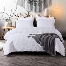Image of King Size White Seersucker Duvet Cover 220x230cm Pinch Pleat Bedding Set 2 Pillo