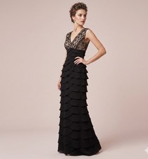 Jessica Howard Elegant Black Lace Tiered Shutter Pleat Formal Gown Size 12