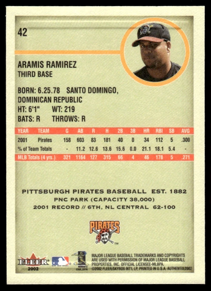 2002 Fleer Authentix Aramis Ramirez Pittsburgh Pirates #42 - Image 2 of 2