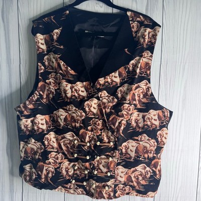 Vintage Hand Made Vest Buffalo Bison Wooden Detail Western Cowboy XL