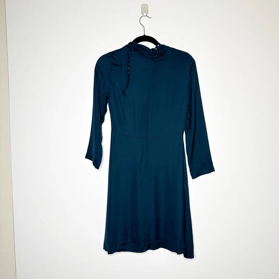 NUEVO Vestido Sandro Tachonado Cuello Lazo Mezcla Seda Para Mujer Verde azulado Talla 38 Foto 3 de 4