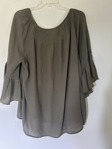 Cato Womens 18/20W Shirt Blouse Olive Green Flowy Smocked Slouchy Bell Sleeves - Picture 2 of 11