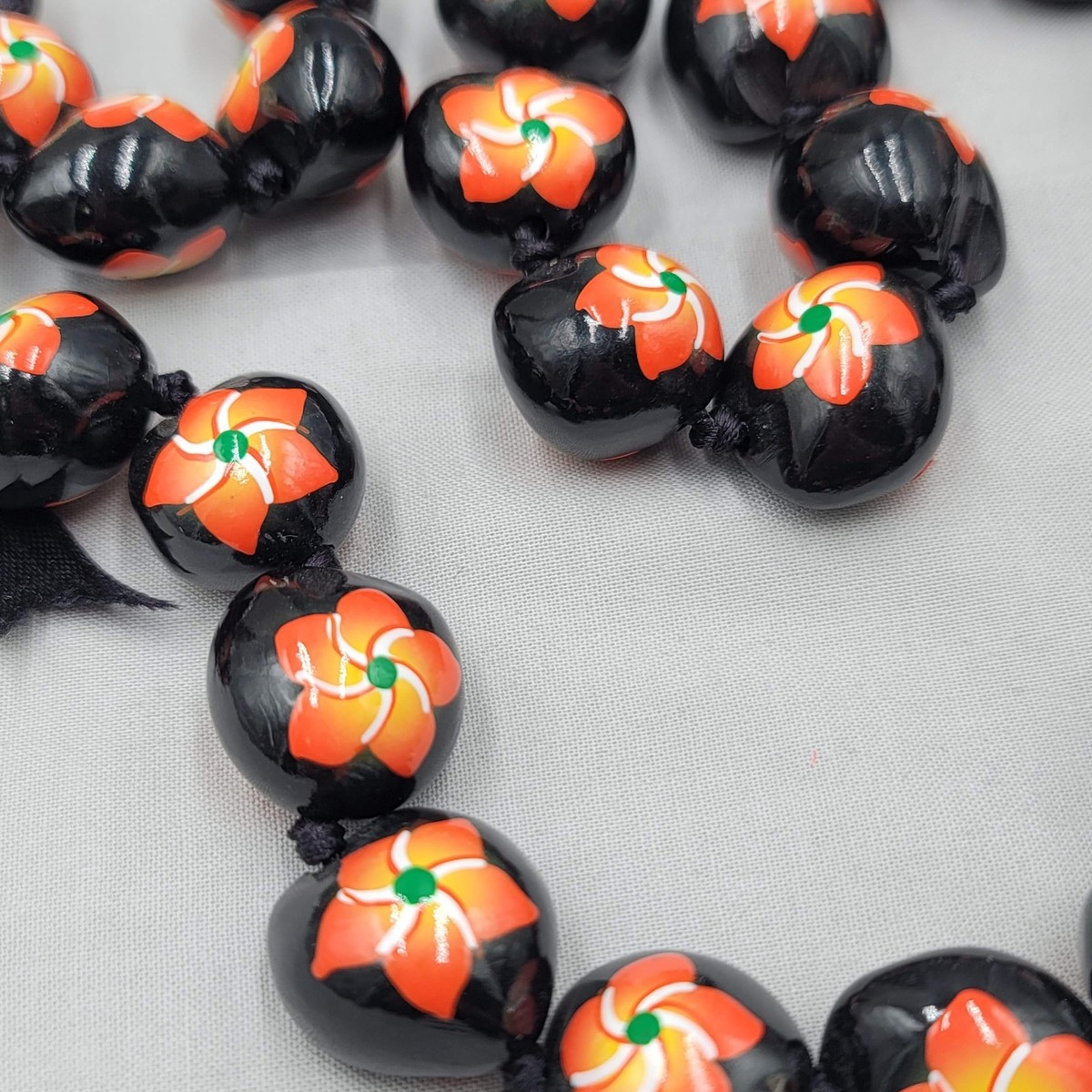 Kukui Nut Lei Hawaii Necklace Hand Painted Orange Hibiscus Flower