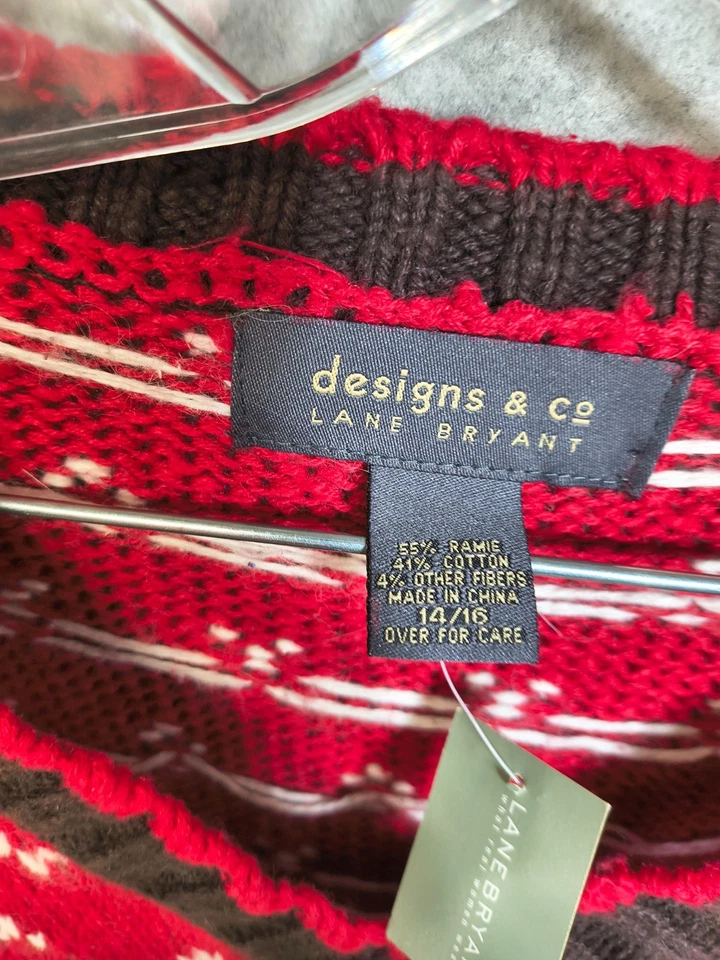 Suéter De Colección Años 90 Lane Bryant Para Mujer 14/16 Rojo Fair Isle Vacaciones Navidad Cuello en V Foto 3 de 4