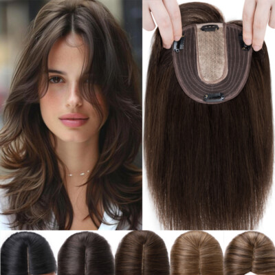 Topper Toupee Hairpiece Real 100% Remy Human Hair Silk Base Top Piece Thin Hairs