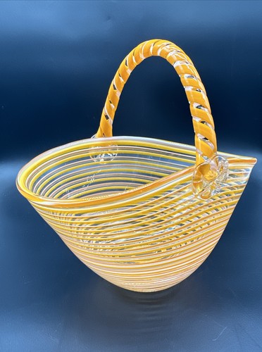 Vintage Block Kristall Korb - 2 Farben Orange, Weiß, Klar Wirbel-Mundgeblasen - 9 1/2" - Bild 6 von 6