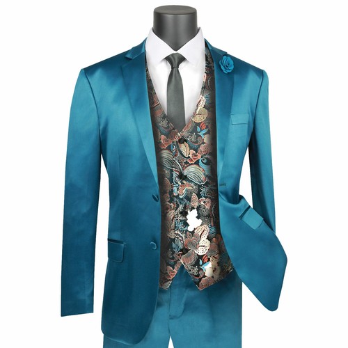 Vinci Hombre Verde azulado Azul Satén 3pc 2 botón Slim Fit Traje Con  Chaleco Floral Elegante Nuevo | eBay