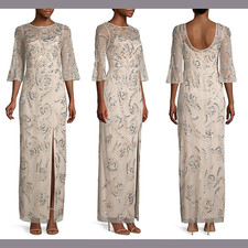 NWT 495 Aidan Mattox  6  3/4 Sleeve Beaded Column Gown in Champagne S24