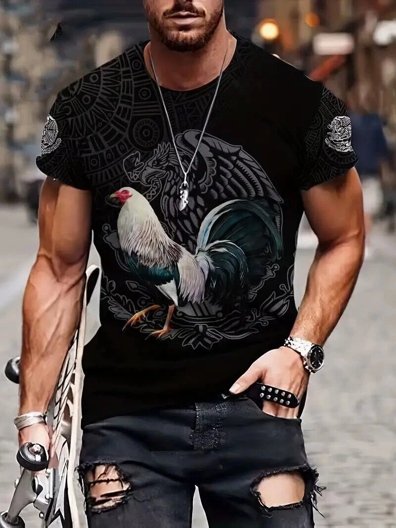T Shirt Rooster Graphic Chicken Mexican Aztec Black Eagle Men Fashion Streetwear