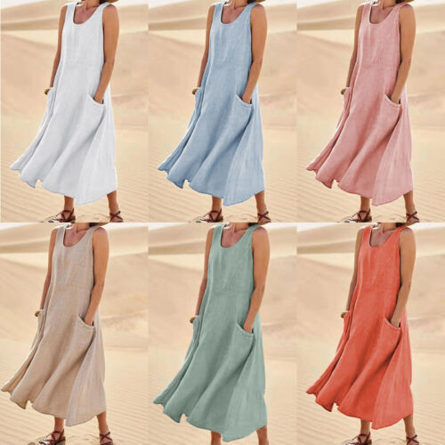 Womens Plain Cotton Linen Sleeveless Dress Casual Crew Neck Maxi Sundress new